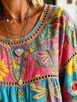 Women's Color Block Dragonfly Big Floral Print Hollow Round Neck 3/4 Sleeve Babydoll Top