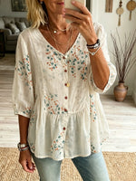 Women's Berry Floral Print V-Neck Ruffle Hem 3/4 Sleeve Blouse