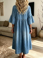 Women Loose Denim Midi Dress Round Neck Bell Sleeve Babydoll Casual Dress