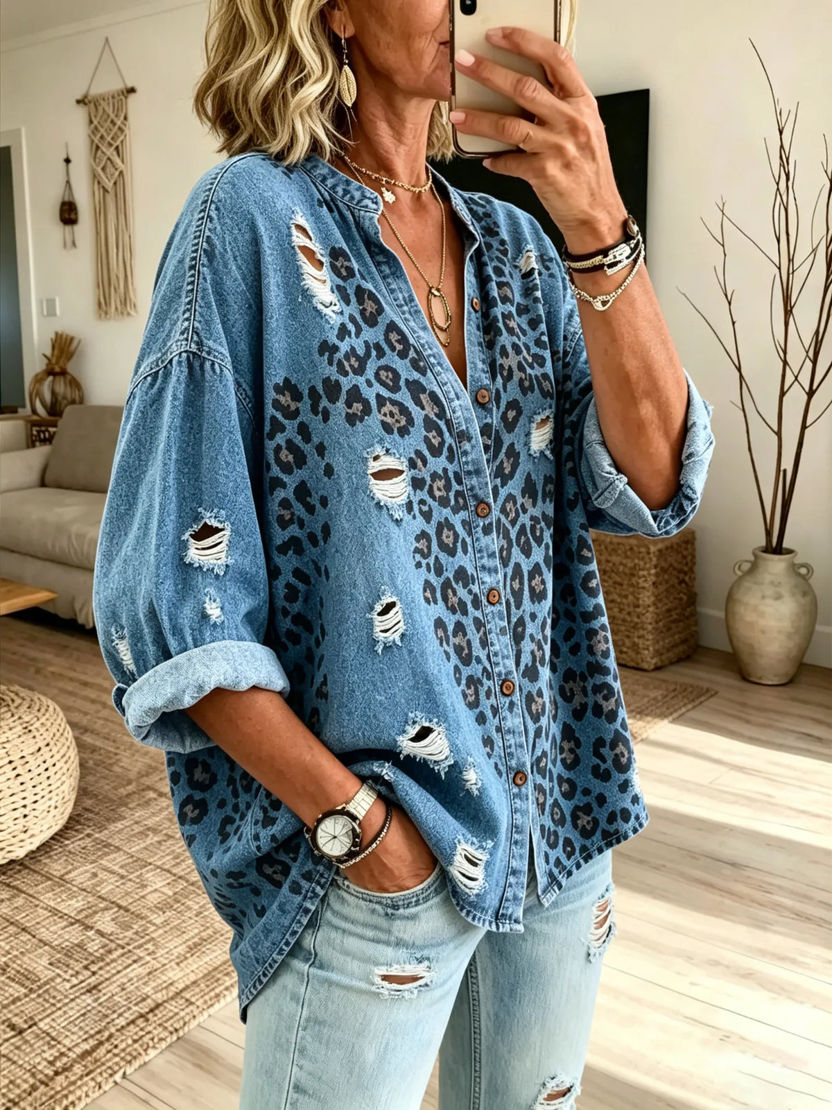 Women's Distressed Leopard Print Loose Denim Shirt