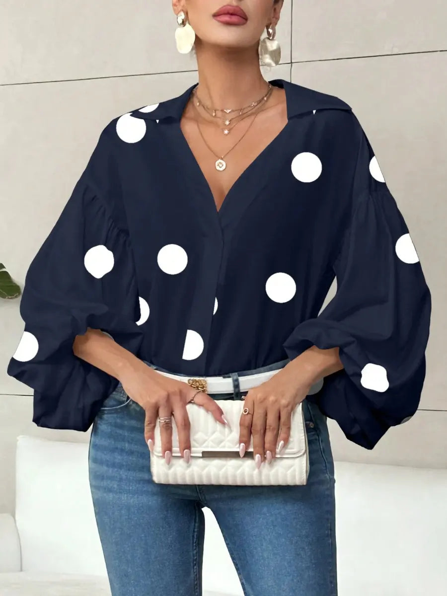 Retro Polka Dot Elegant Balloon Sleeves Art Casual Stylish Lapel Cotton Shirt