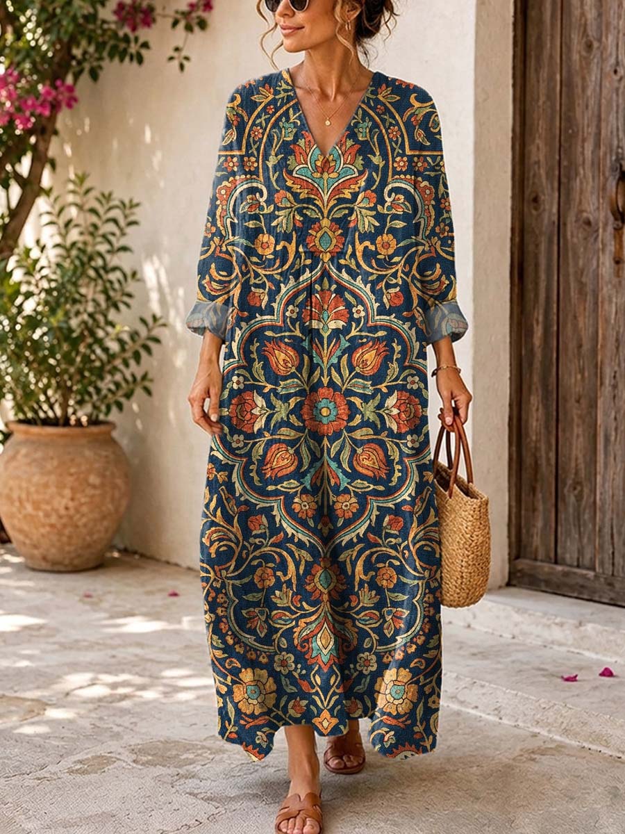 Retro Floral Pattern Art Print Casual V-neck Long Sleeve Cotton Linen Maxi Dress