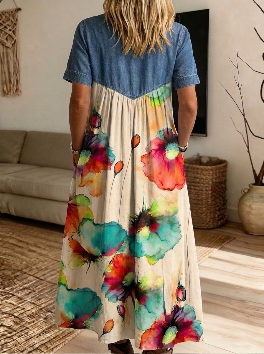 Women’s Denim Spliced Watercolor Floral Loose Midi Dress With Pockets