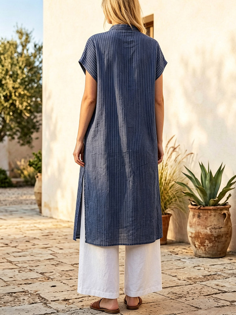 Classic Stripe Pattern Art Print Casual Side Slits Stylish Cotton Linen Shirt