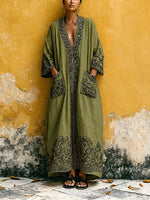 Women Boho Printed Open Front Maxi Kimono Cover Up With Pockets