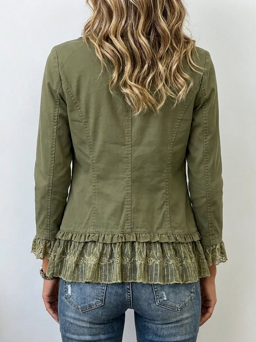 Women Olive Green Western Jacket Lace Ruffle Hem Long Sleeve Lapel Button Outerwear