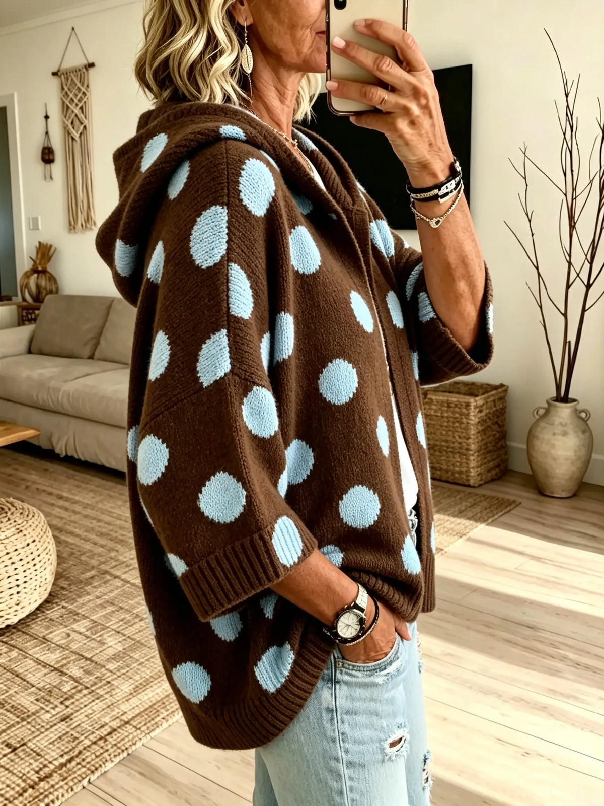 Women Polka Dot Print Hooded 3/4 Sleeve Knit Cardigan