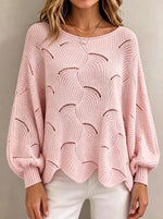 Women Hollow‑Out Wave Knit Sweater Loose Lantern Long Sleeve Casual Pullover Top