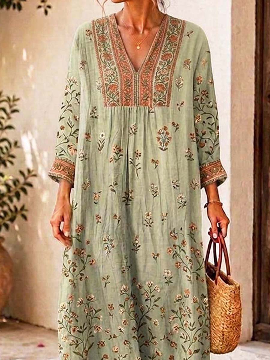 Retro Floral Pattern Art Print Casual V-neck Cotton Linen Maxi Dress
