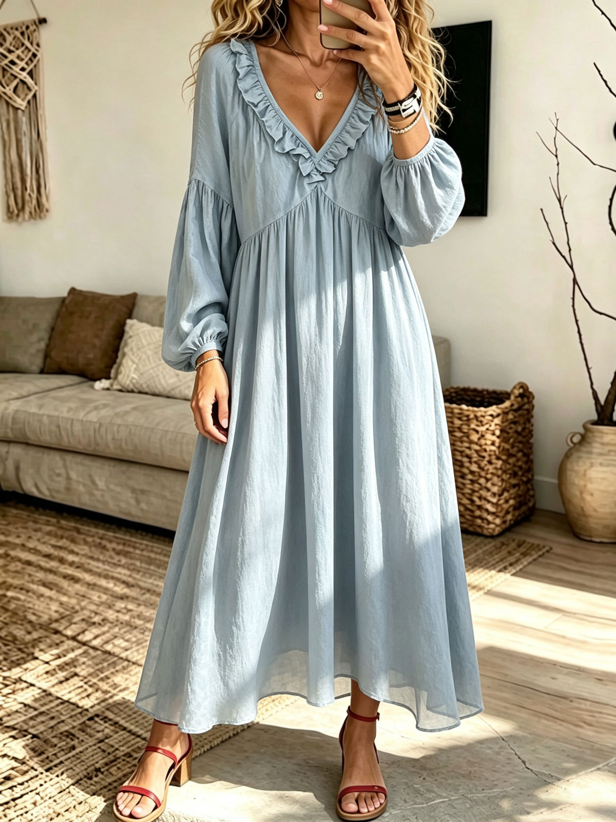 V Neck Ruffle Lantern Sleeve Flowy Midi Linen Blend Dress