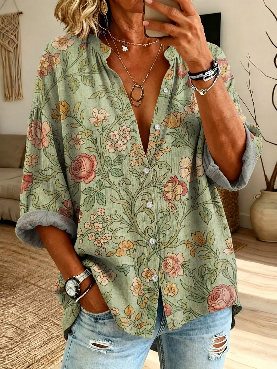Women's Floral Pattern Art Print Casual Long Sleeve Linen Shirt