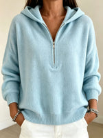 Women Half Zip Hooded Knit Sweater Drop Shoulder Long Sleeve Loose Pullover Top