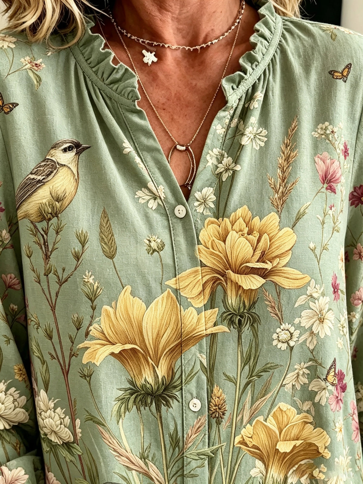 Women's Bird & Wildflower Printed Blouse