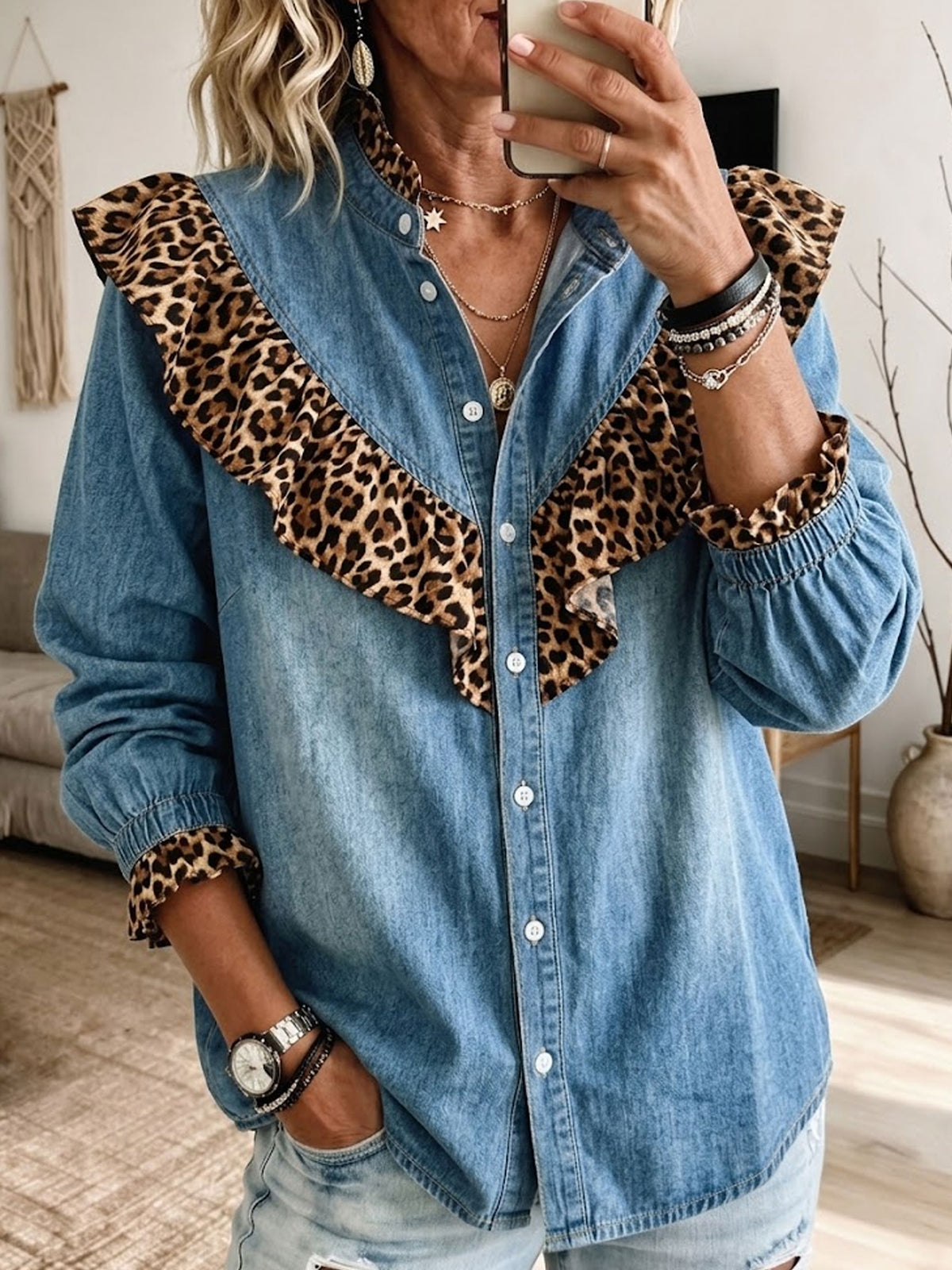 标题 Women Denim Shirt With Leopard Ruffle Trim Long Sleeve Button Down Blouse