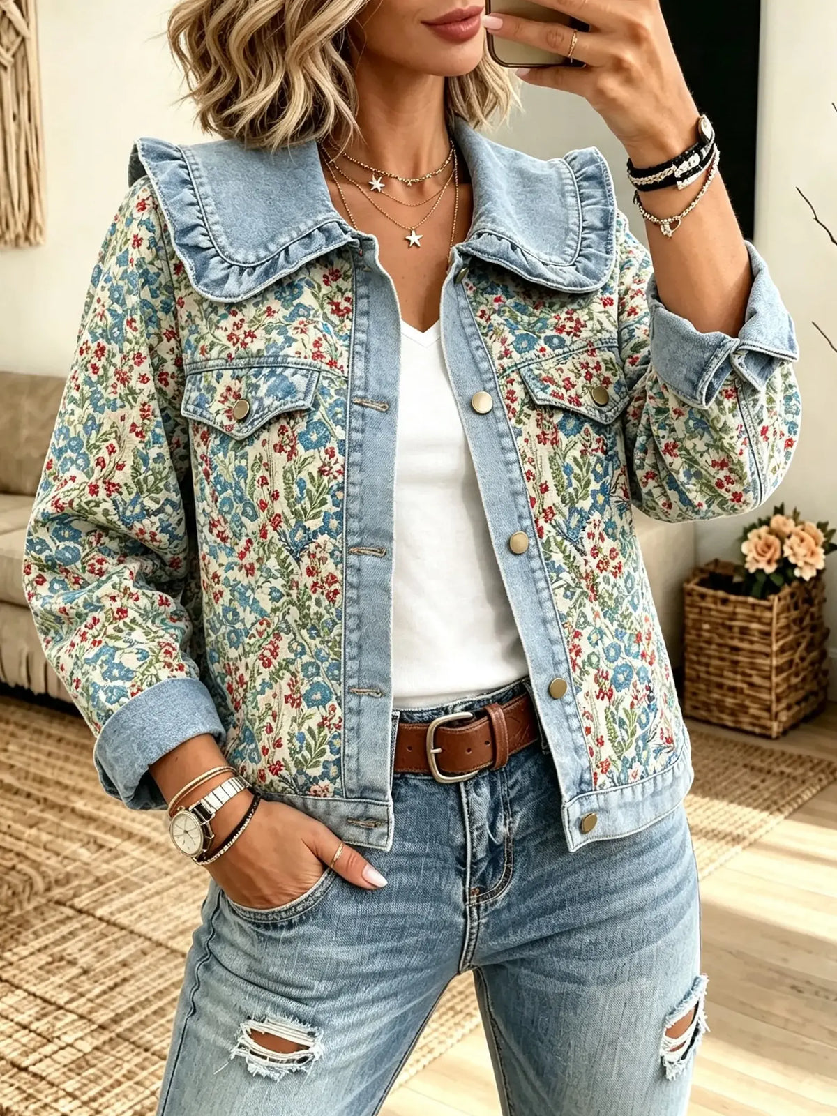 Women's Floral Print Ruffle Collar Denim Jacket