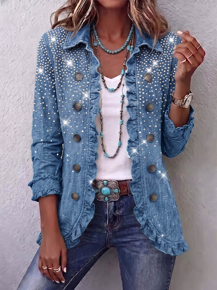 Vintage Elegant Sparkling Rhinestones Patchwork Ruffled Jacket
