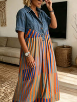Geometric Stripe Pattern Art Print Casual Stylish Lapel Denim Patchwork Dress