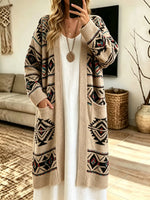 Women Ethnic Geometric Jacquard Long Knit Cardigan