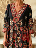 Women's Black Base Large Floral Ethnic V-Neck Loose Three-Quarter Sleeve Maxi Dress
