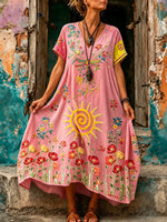 Women Sun Poppy Floral Print V-Neck Maxi Dress