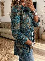 Women Leopard Print Ruffle Trim Lapel Button Outerwear Jacket