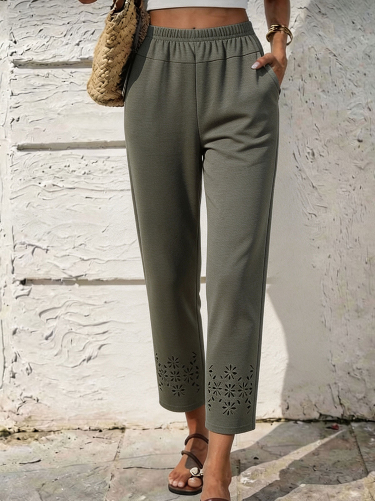 Women's Elastic Waist Floral Eyelet Cutout Cropped Casual Pants