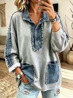 Women's Denim Trimmed Frayed Sweatshirt