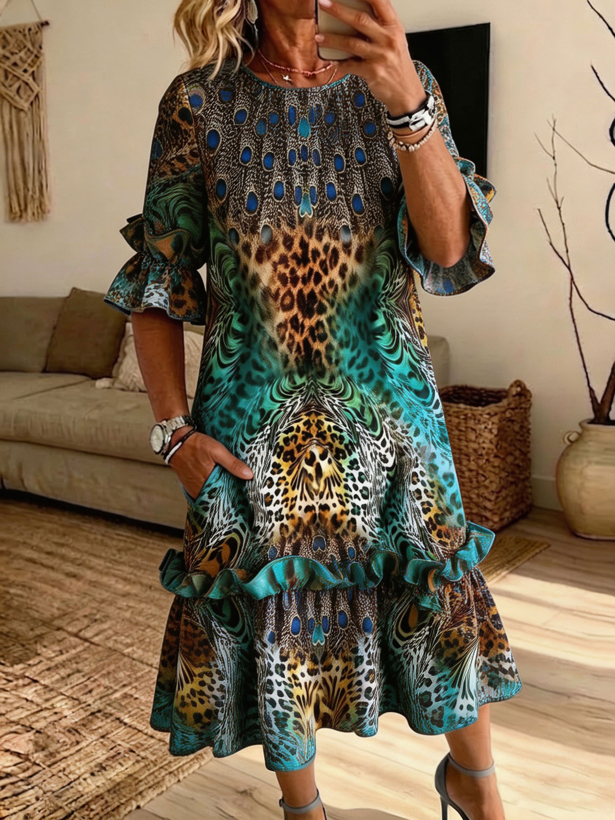 Women Peacock Leopard Mixed Print Ruffle Midi Dress Loose Pocket Casual Summer Dress