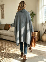 Women Oversized Cowl Neck Poncho Coat Loose Asymmetric Hem Knit Outerwear