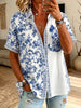 Womens Collared Blue Porcelain Floral Cat Print Short Sleeve Button Shirt