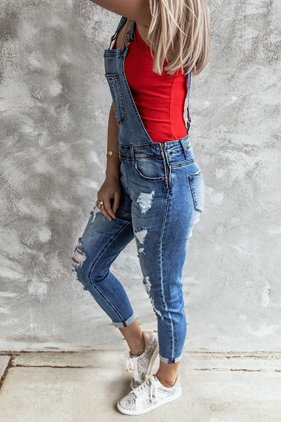 Women Distressed Ripped Roll Cuff Denim Overalls Casual Stretch Jumpsuit