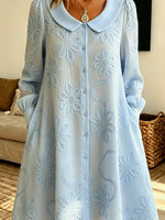 Retro Floral Art Print Casual Stylish Peter Pan Collar Long Sleeve Cotton Midi Dress