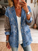 Vintage Elegant Openwork Lace Patchwork Denim Leopard Print Jacket