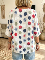Women Watercolor Polka Dot Print 3/4 Sleeve Loose Linen Blend Blouse Top