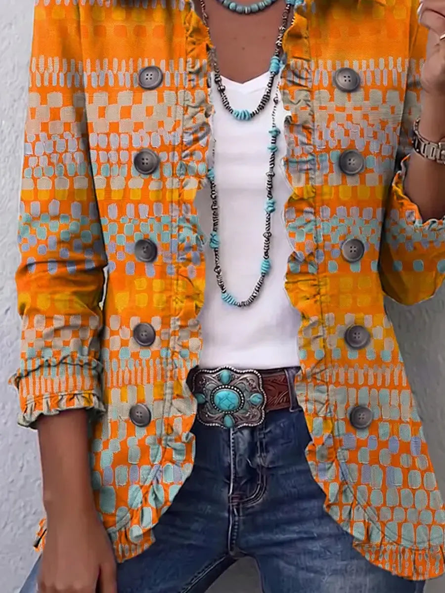 Retro Geometric Pattern Art Print Ruffle Casual Stylish Cotton Lapel Coat