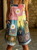 Women Patchwork Daisy Hippie Print Denim Short Overalls