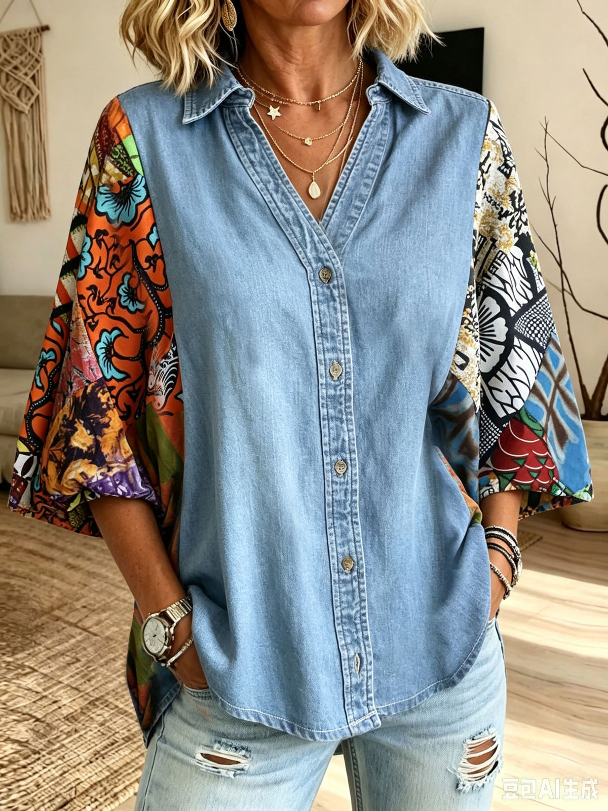 Women Denim Patchwork Shirt Collared Colorful Print Batwing 3/4 Sleeve Button‑Down Top