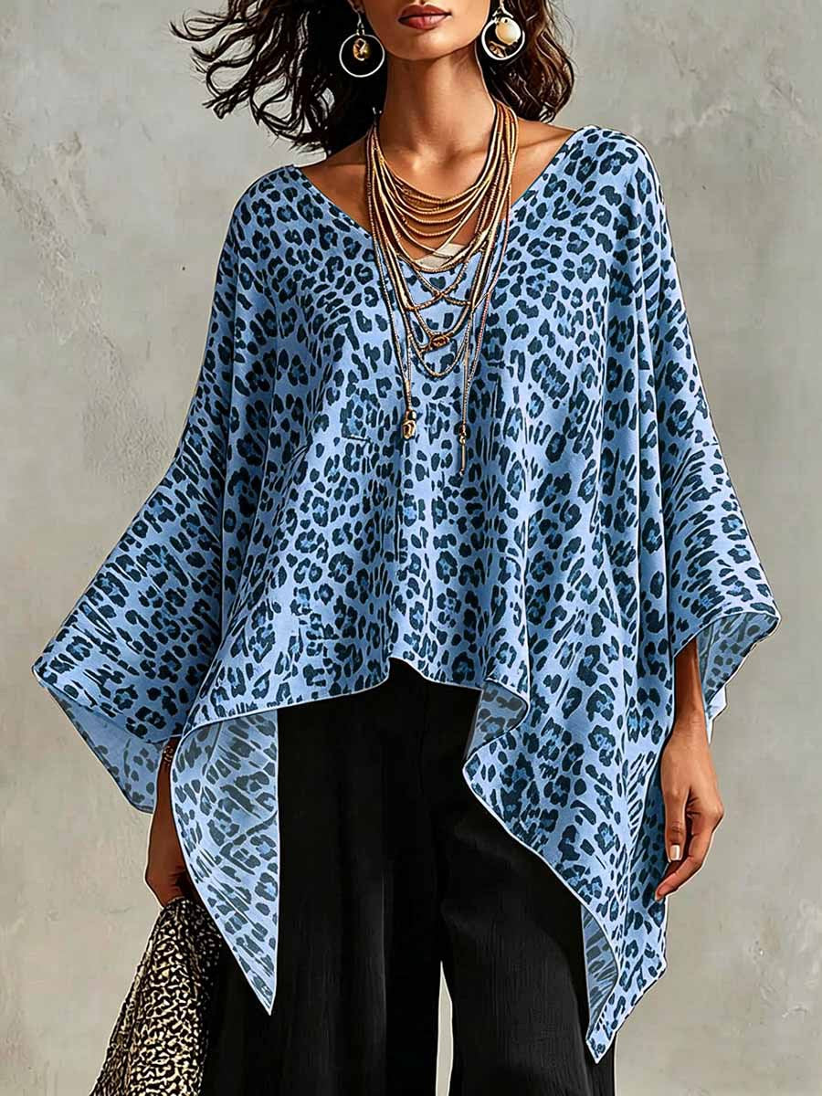 Retro Leopard Pattern Art Stylish Casual 3/4 Batwing Sleeve Top