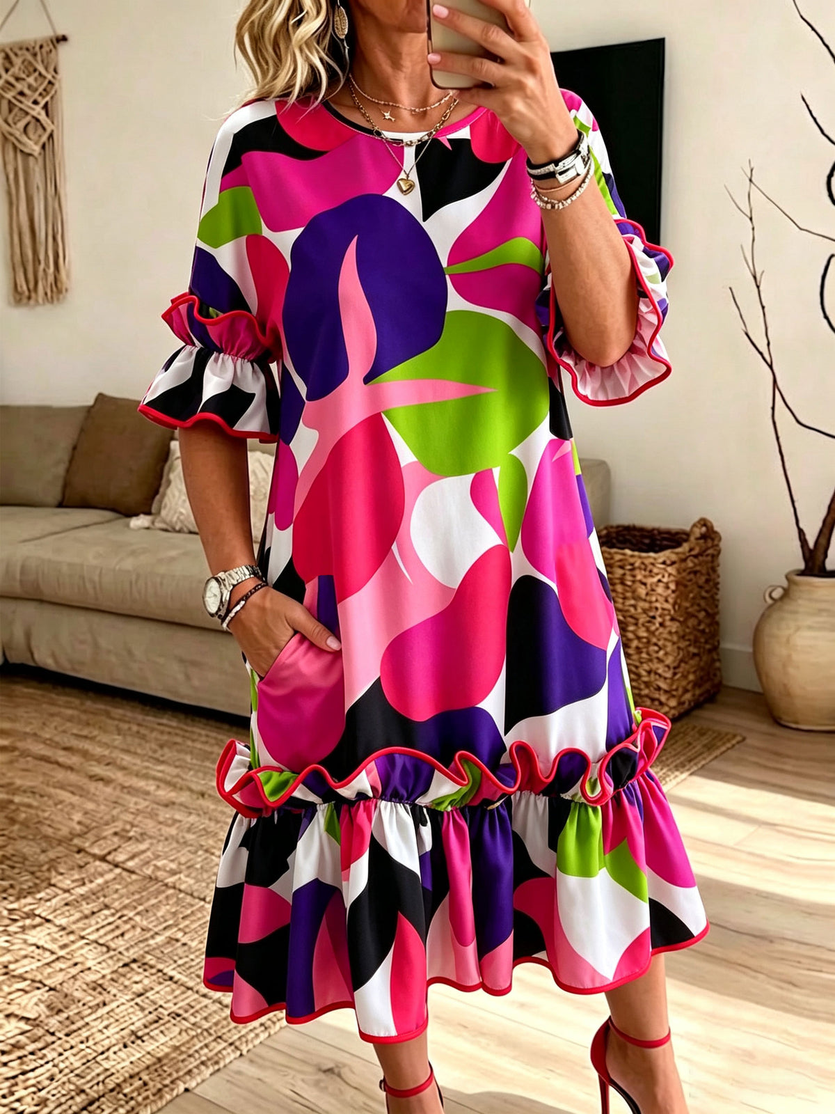 Women Women Colorful Abstract Print Ruffle Half Sleeve Midi Dress With Pockets