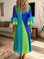 Women Color Block Pleated Midi Dress V‑Neck Layered Ruffle 3/4 Sleeve Flowy Chiffon Dress