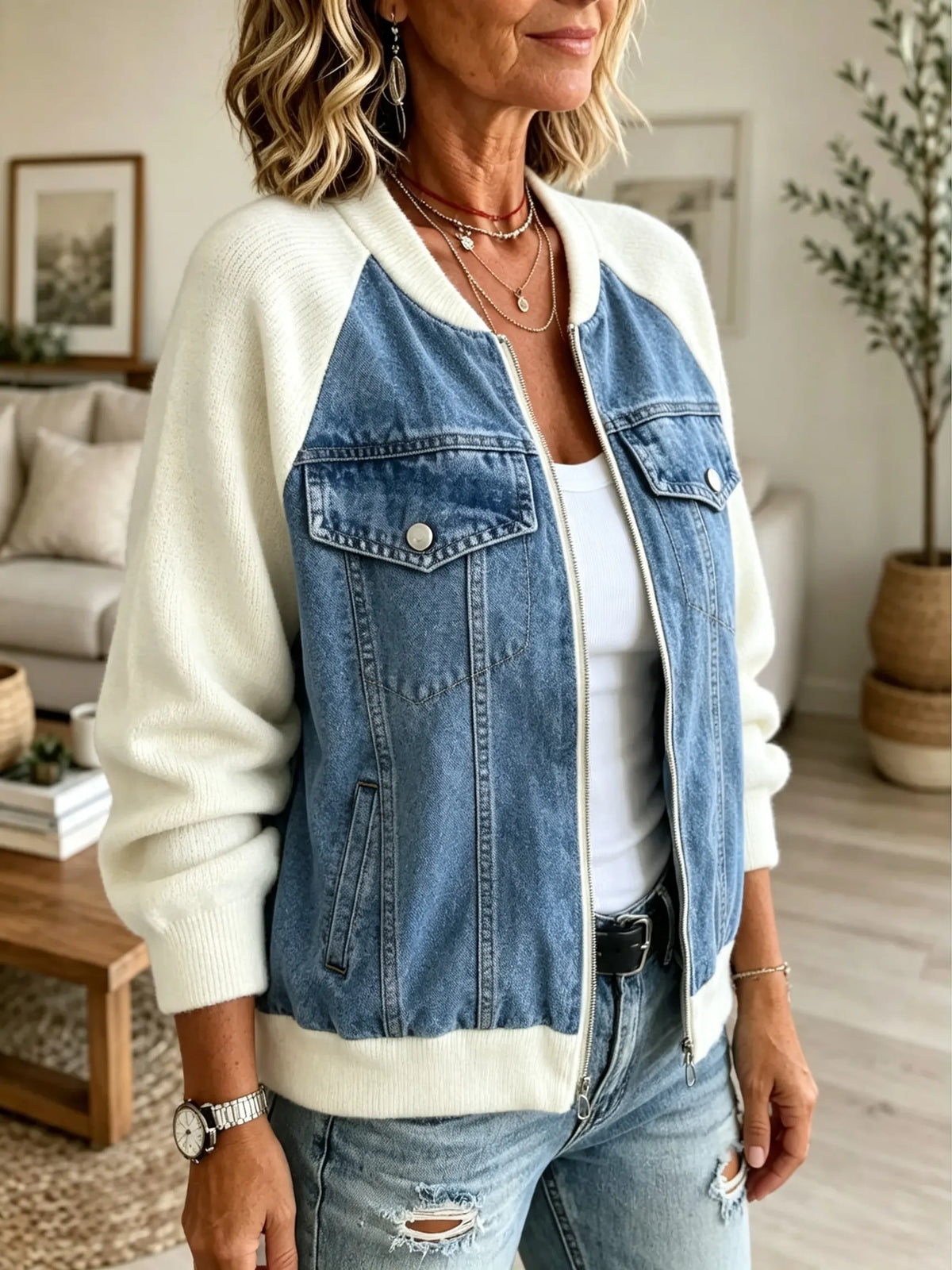 Women's Knit Sleeved Denim Bomber Jacket