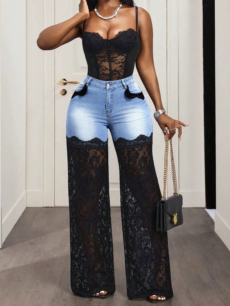 Chic Denim & Floral Lace Spliced Art Casual Wide Leg Pants