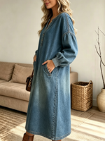 Women's Balloon Sleeve Henley Denim Midi Dress