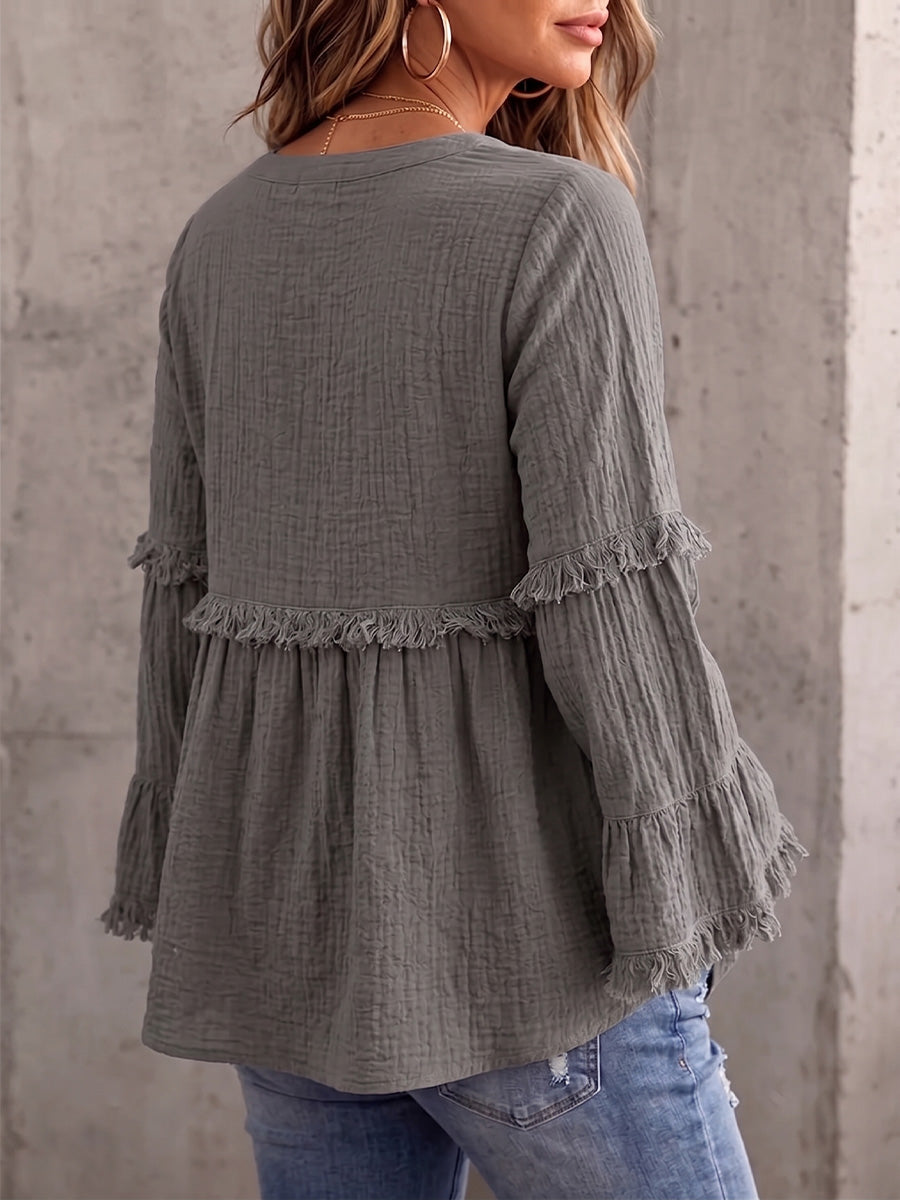 Vintage Elegant Cotton And Linen Patchwork Tassel Shirt Top