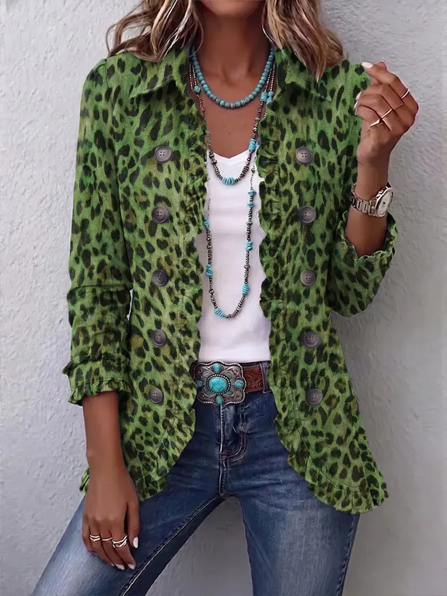 Retro Leopard Art Pattern Print Ruffle Casual Stylish Cotton Linen Lapel Coat