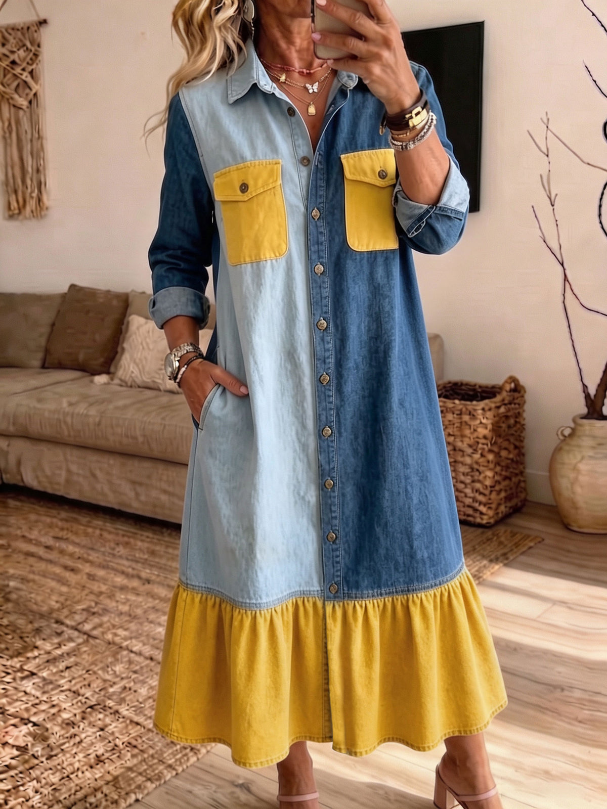 Women Color Block Patchwork Denim Shirt Dress Collar Button‑Front Ruffle Hem Midi Dress With Pockets