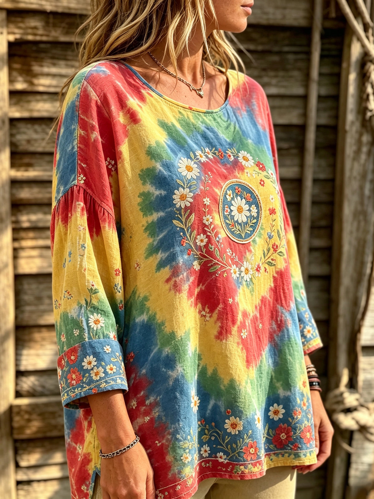 Women's Tie-Dye Floral Daisy Print Blouse
