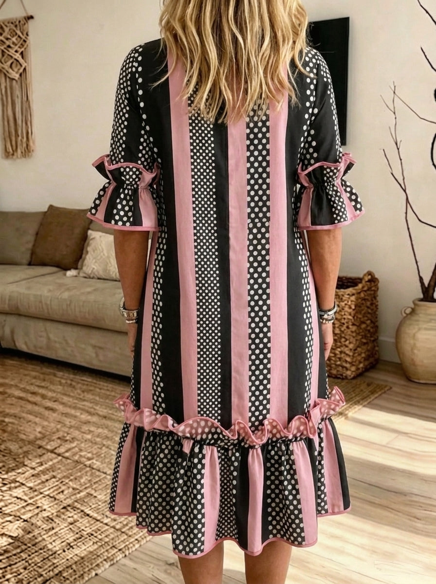 Women Striped Polka Dot Ruffle Bell Sleeve Midi Dress With Pockets