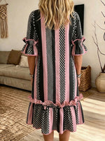 Women Striped Polka Dot Ruffle Bell Sleeve Midi Dress With Pockets