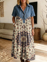 Retro Floral Pattern Art Print Casual Stylish Lapel Denim Patchwork Dress